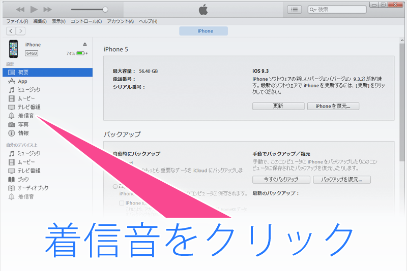 iTunesの着信音タブを選択